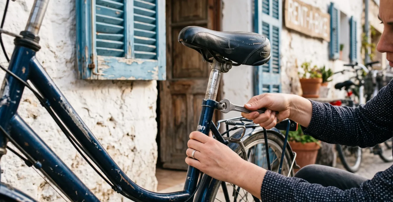 Hands adjust the saddle height of a rental bicycle outside a bike hire shop.