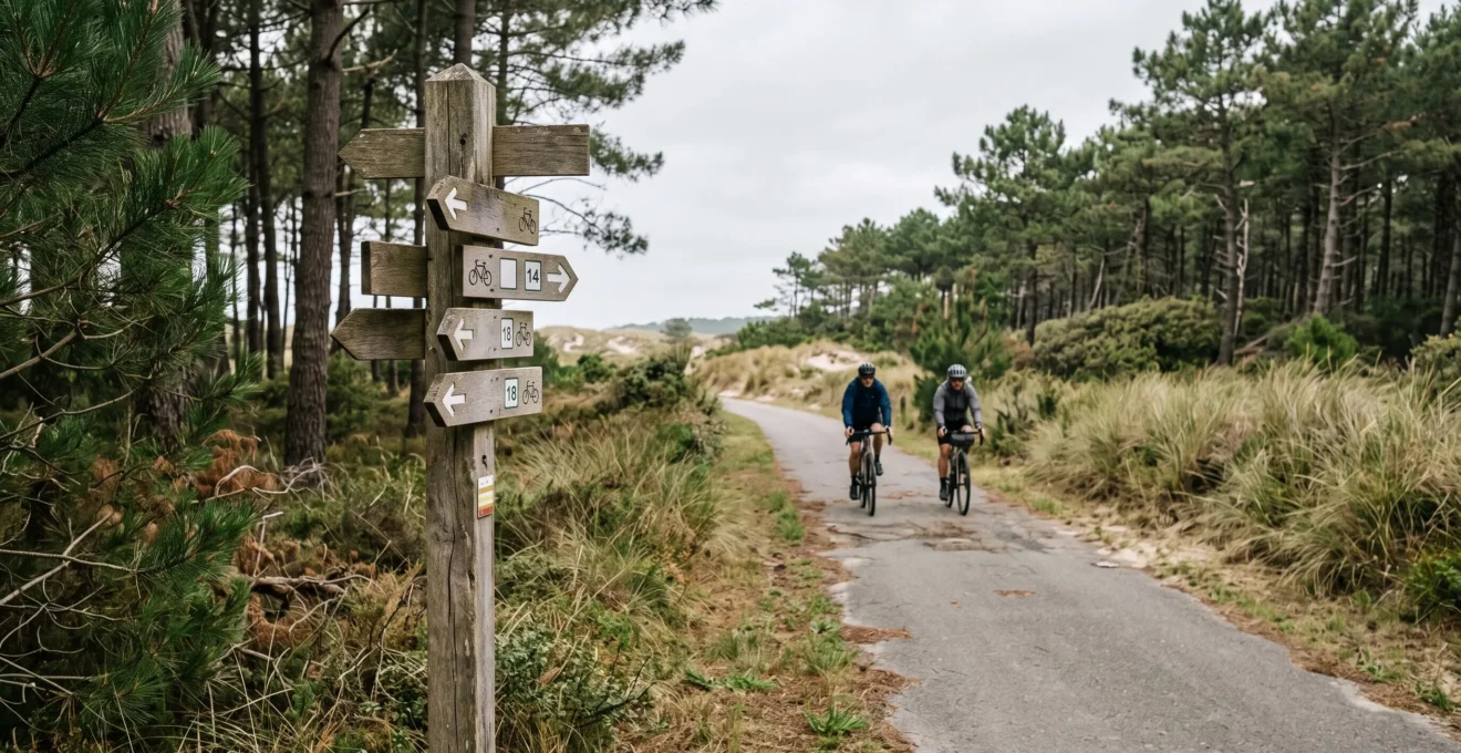 A signpost marks a junction on a tree-lined cycle path with cyclists in the distance.