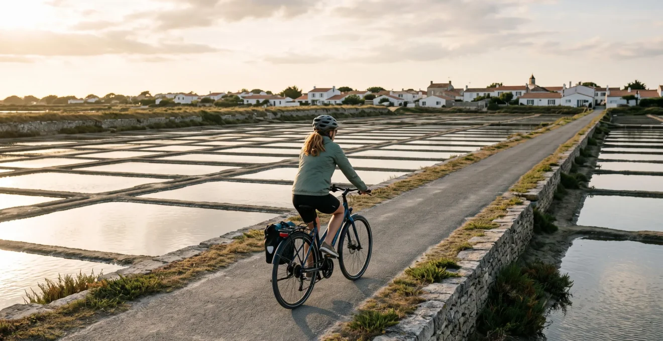 A cyclist rides a bicycle on a flat cycle path between salt marshes on the Île de Ré.