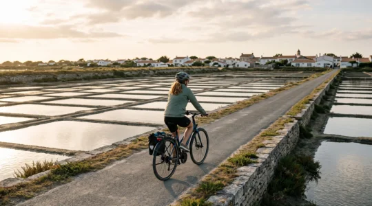 A cyclist rides a bicycle on a flat cycle path between salt marshes on the Île de Ré.