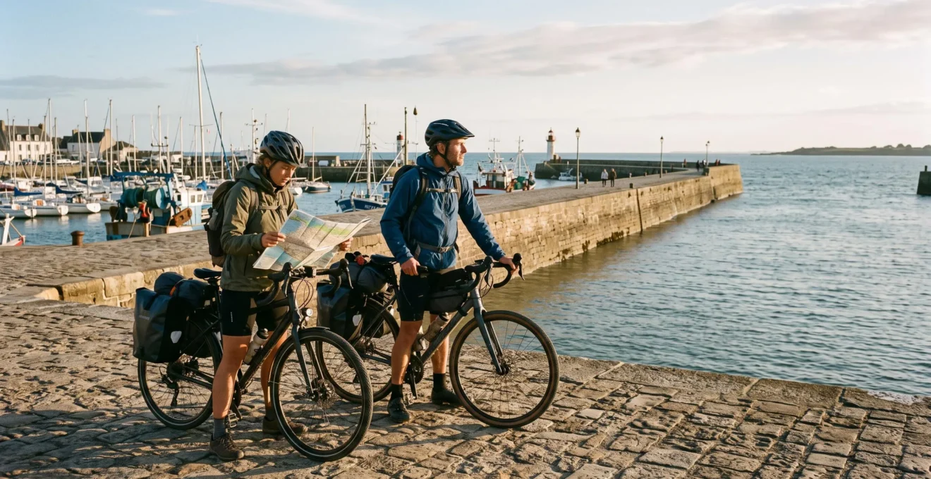 Two cyclists with bicycles check a paper map on a harbor promenade in soft evening light.